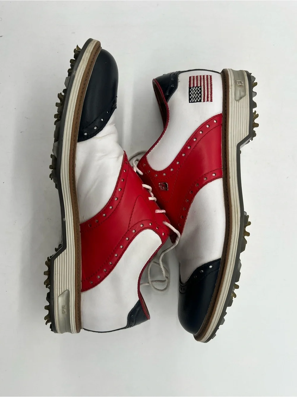 FootJoy DryJoys Premiere WILCOX Men 8.5 White Blue Red USA Flag Golf Shoes